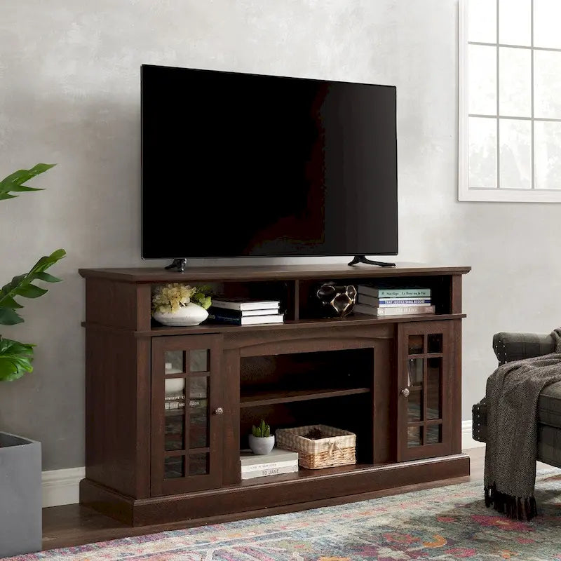 58" TV Stand Entertainment Center with Storage for TVs up to 65" - Dark Walnut Wood Finish