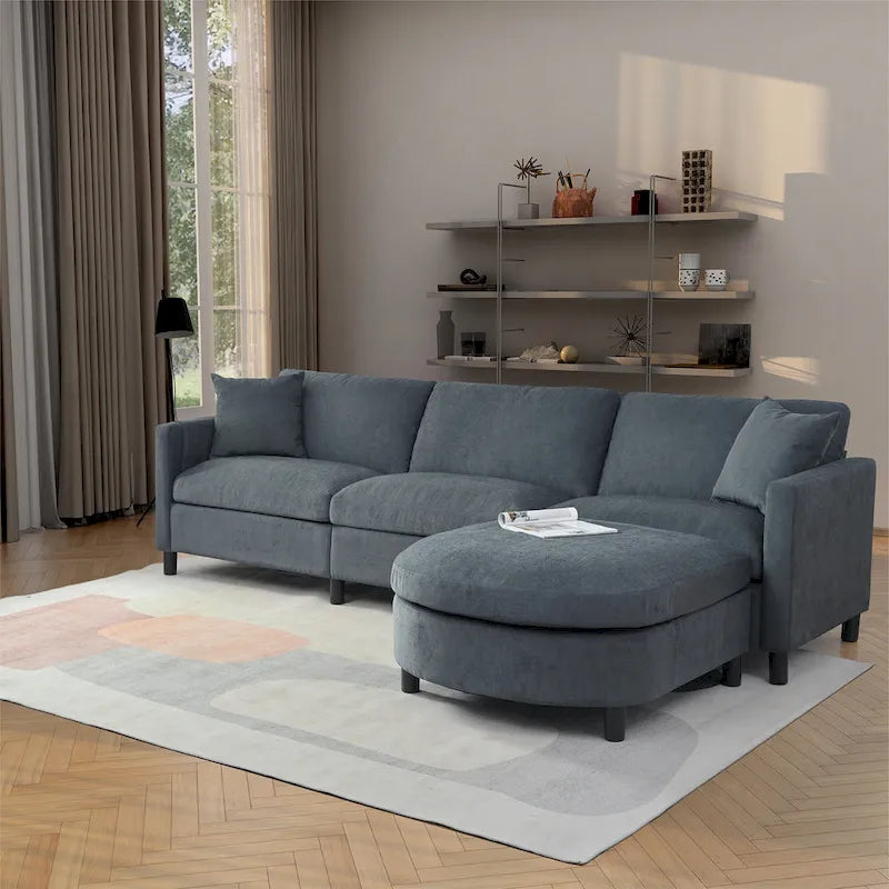 Grey 107.87" 4-Seater Sectional Sofa with Movable Ottoman & Storage Armrest Bag - Removable Cushions