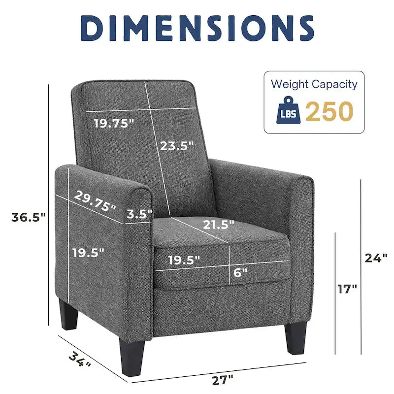 Traditional Fabric Recliner Chair with Footrest - 36.5"H Welted Padded Armchair, 250 lbs Capacity - Beige/Blue/Grey