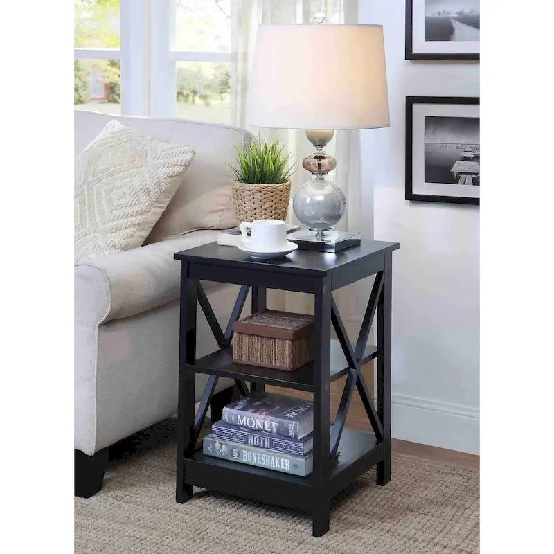 3-Tier End Table with Shelves, Black Wood Side Table with X-Frame Design, 15.75" Square Nightstand for Living Room Bedroom