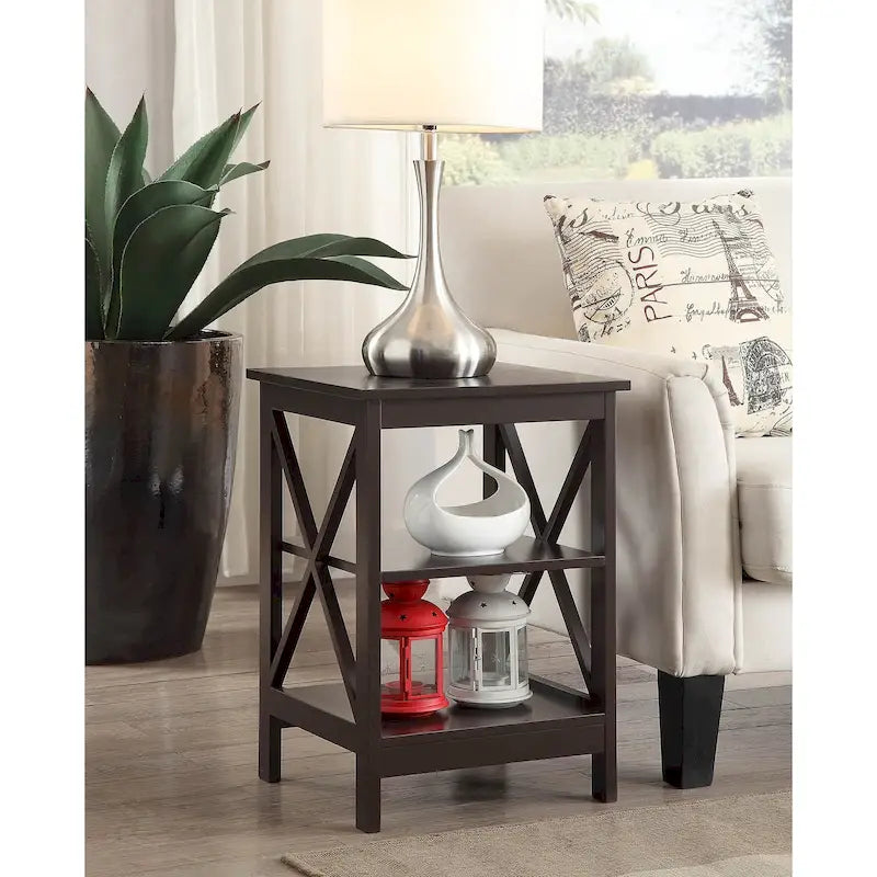 3-Tier End Table with Shelves, Black Wood Side Table with X-Frame Design, 15.75" Square Nightstand for Living Room Bedroom