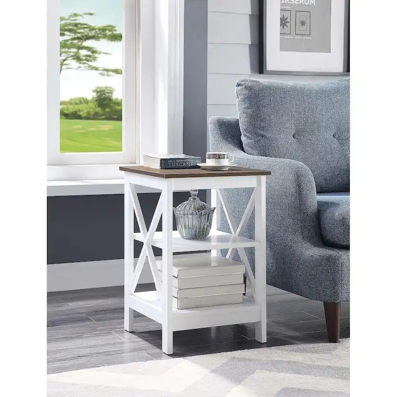 3-Tier End Table with Shelves, Black Wood Side Table with X-Frame Design, 15.75" Square Nightstand for Living Room Bedroom