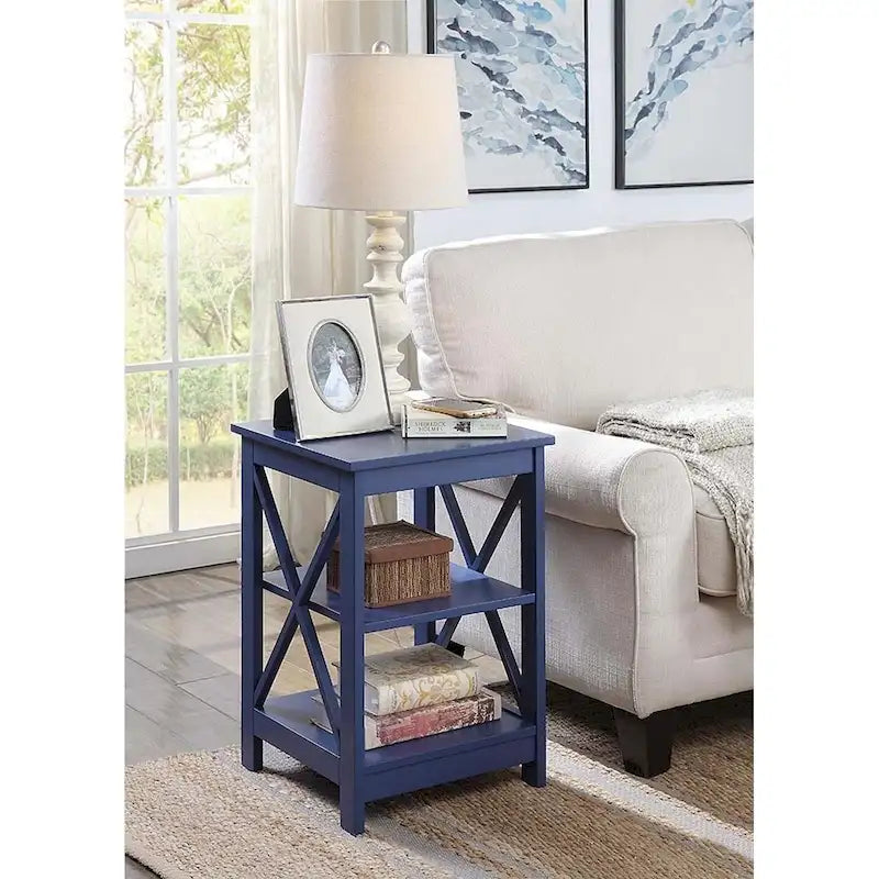 3-Tier End Table with Shelves, Black Wood Side Table with X-Frame Design, 15.75" Square Nightstand for Living Room Bedroom