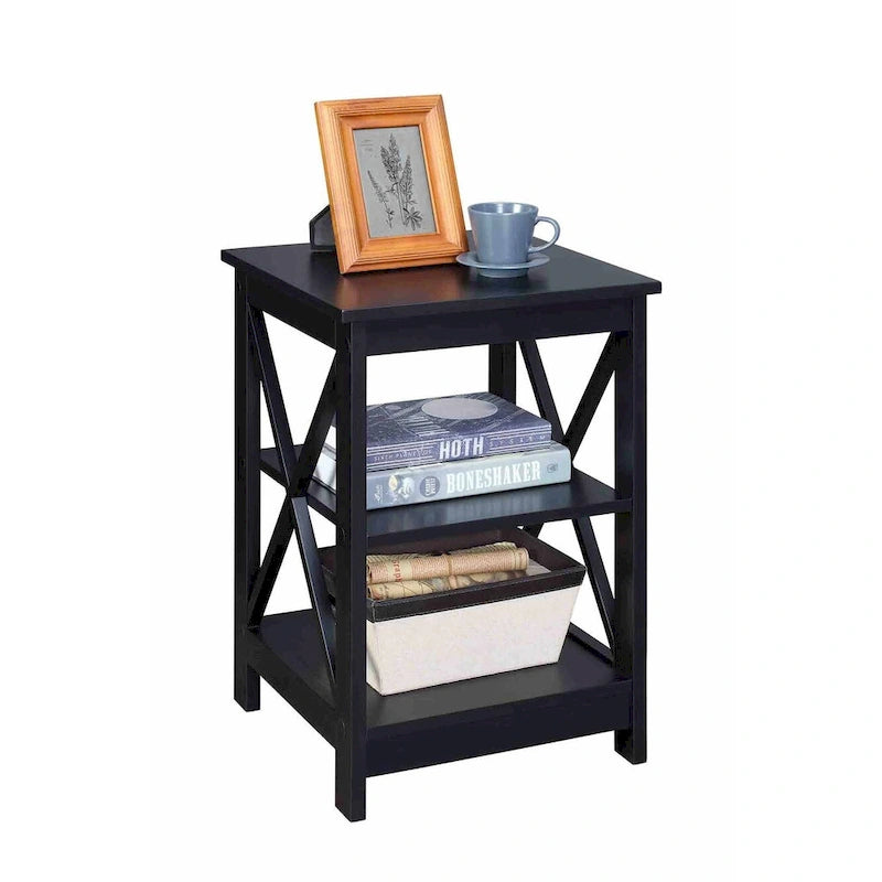 3-Tier End Table with Shelves, Black Wood Side Table with X-Frame Design, 15.75" Square Nightstand for Living Room Bedroom