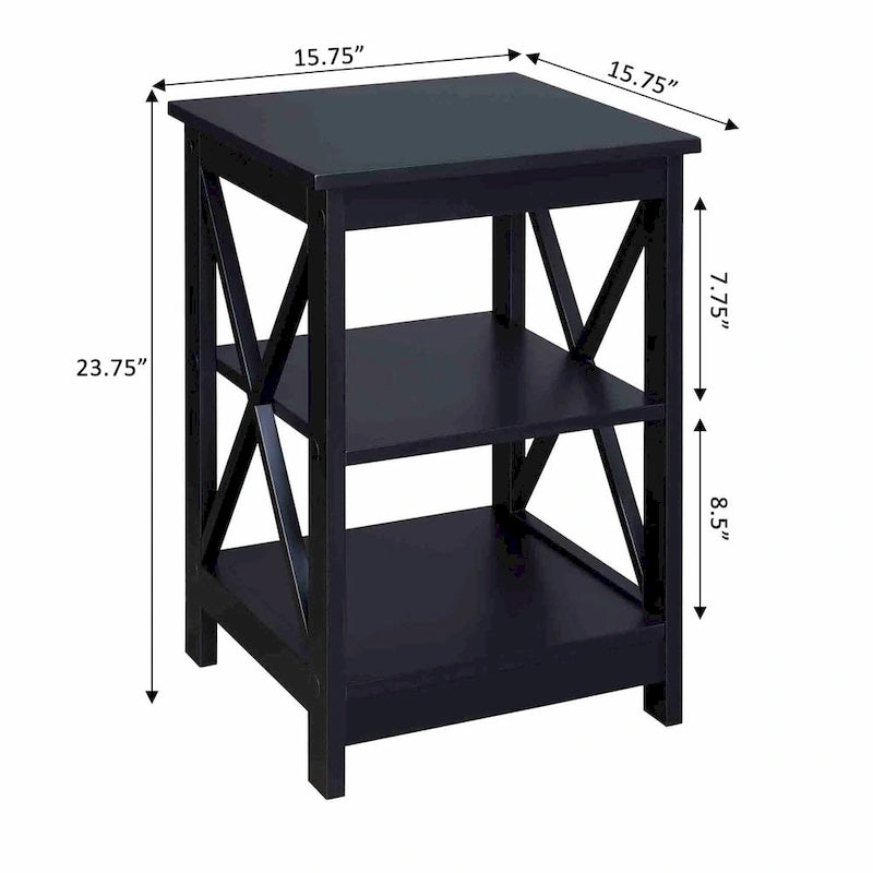 3-Tier End Table with Shelves, Black Wood Side Table with X-Frame Design, 15.75" Square Nightstand for Living Room Bedroom