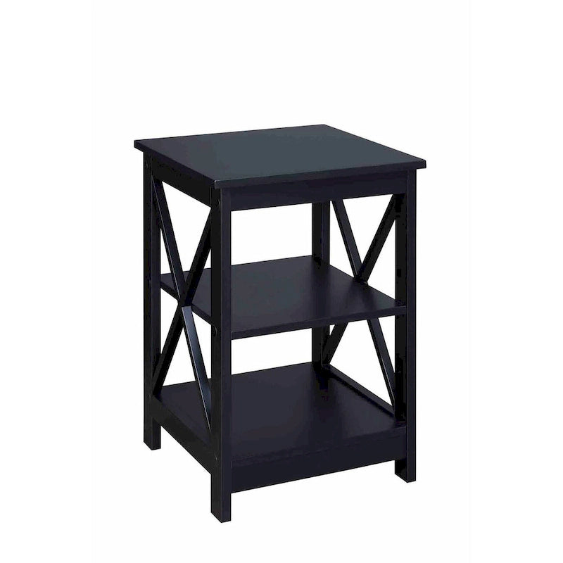 3-Tier End Table with Shelves, Black Wood Side Table with X-Frame Design, 15.75" Square Nightstand for Living Room Bedroom