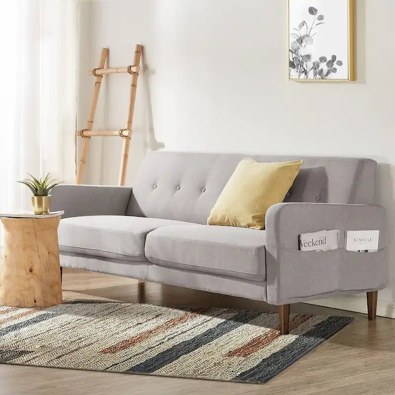 Modern Tufted Linen Sofa 73" with Armrest Storage Pockets - Eucalyptus Wood Frame High Density Foam Cushions Tool-Free Assembly