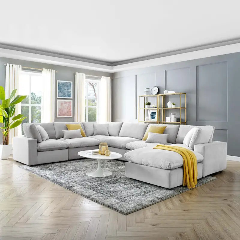 7-Piece Sectional Sofa - Down Filled Overstuffed Performance Velvet, Modern L-Shaped Couch with Ottoman, 119"L x 158"W, Stain-Resistant