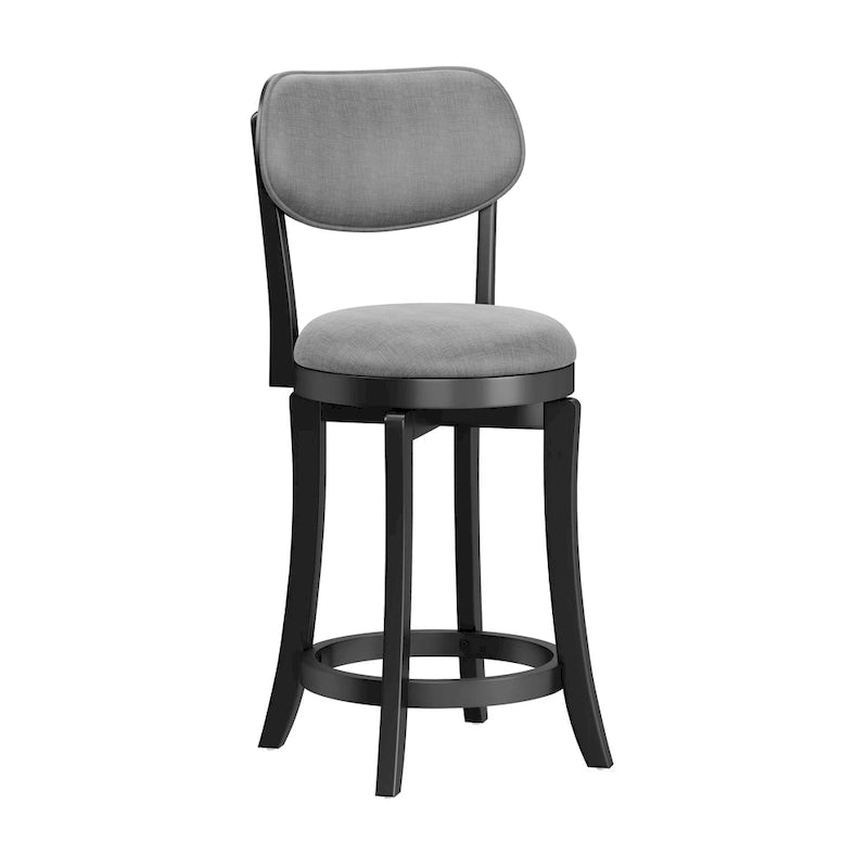 Midcentury Modern Wood Swivel Counter Stool - 360° Upholstered Seat, 25.5" Height, Black/Gray Finish, 38.25"H x 20"W x 17.5"D