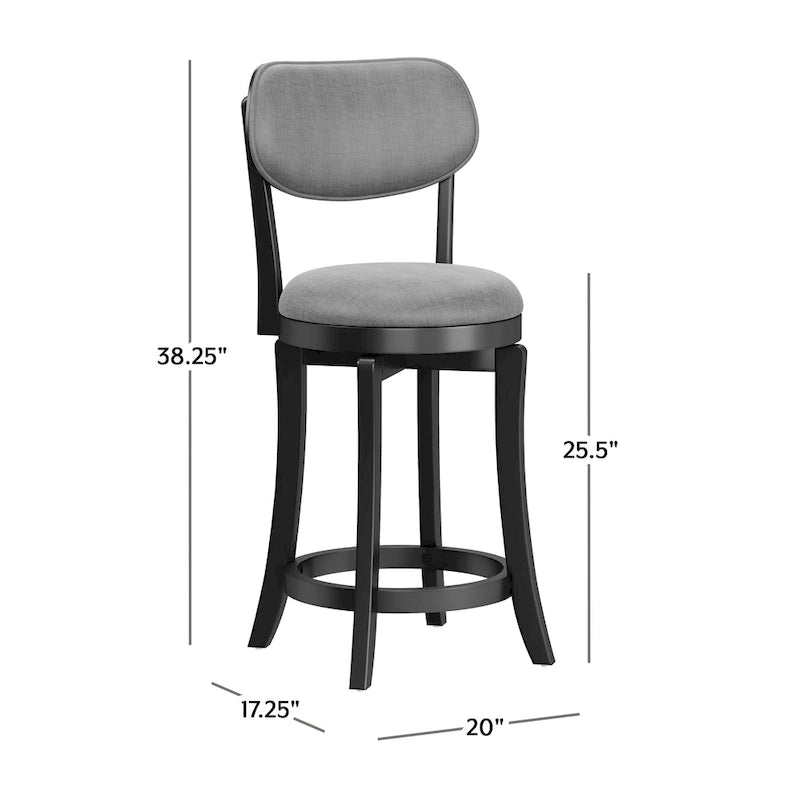 Midcentury Modern Wood Swivel Counter Stool - 360° Upholstered Seat, 25.5" Height, Black/Gray Finish, 38.25"H x 20"W x 17.5"D