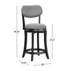 Midcentury Modern Wood Swivel Counter Stool - 360° Upholstered Seat, 25.5" Height, Black/Gray Finish, 38.25"H x 20"W x 17.5"D