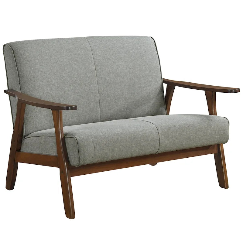 Mid-Century Modern Loveseat 2-Seater Sofa with Wooden Arms - Light Gray Linen Upholstery 46.69" W x 32.31" H