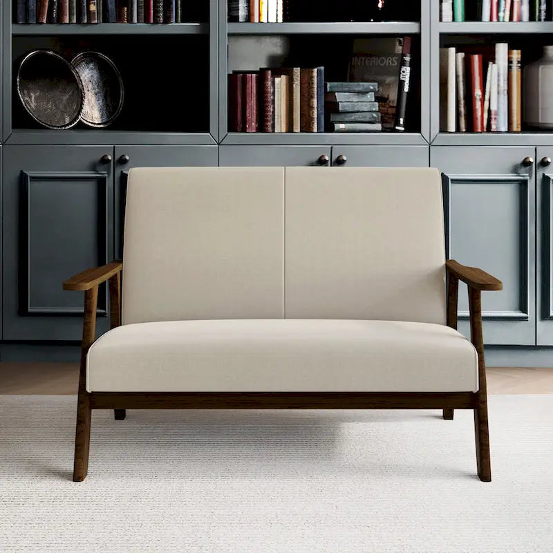 Mid-Century Modern Loveseat 2-Seater Sofa with Wooden Arms - Light Gray Linen Upholstery 46.69" W x 32.31" H