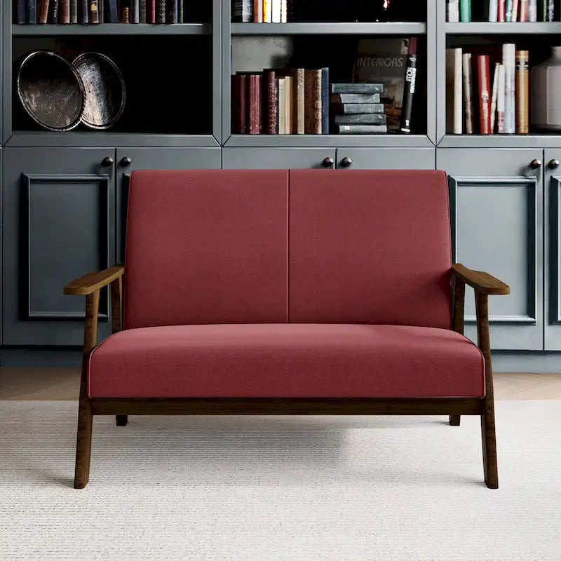 Mid-Century Modern Loveseat 2-Seater Sofa with Wooden Arms - Light Gray Linen Upholstery 46.69" W x 32.31" H