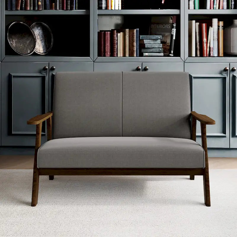 Mid-Century Modern Loveseat 2-Seater Sofa with Wooden Arms - Light Gray Linen Upholstery 46.69" W x 32.31" H