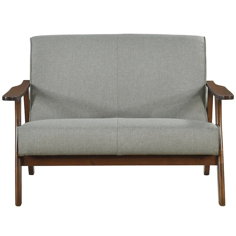 Mid-Century Modern Loveseat 2-Seater Sofa with Wooden Arms - Light Gray Linen Upholstery 46.69" W x 32.31" H
