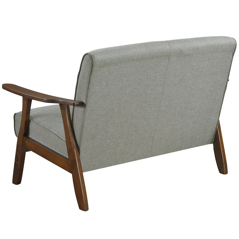 Mid-Century Modern Loveseat 2-Seater Sofa with Wooden Arms - Light Gray Linen Upholstery 46.69" W x 32.31" H