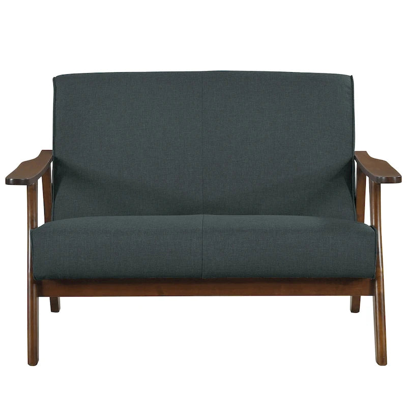 Mid-Century Modern Loveseat 2-Seater Sofa with Wooden Arms - Light Gray Linen Upholstery 46.69" W x 32.31" H