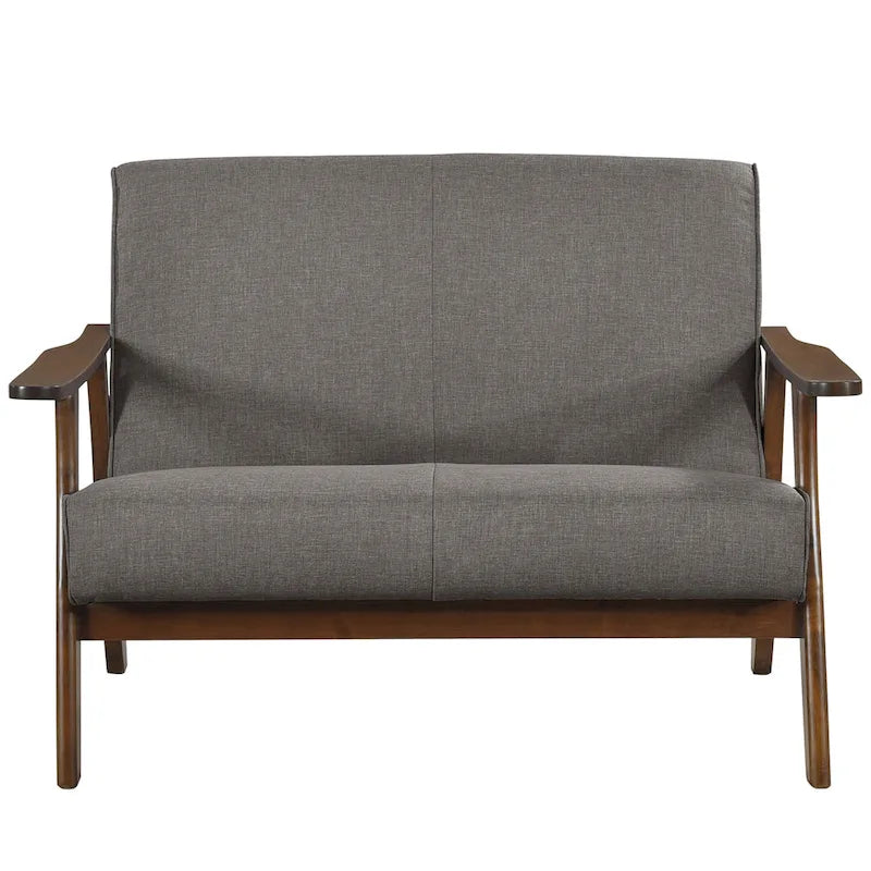 Mid-Century Modern Loveseat 2-Seater Sofa with Wooden Arms - Light Gray Linen Upholstery 46.69" W x 32.31" H
