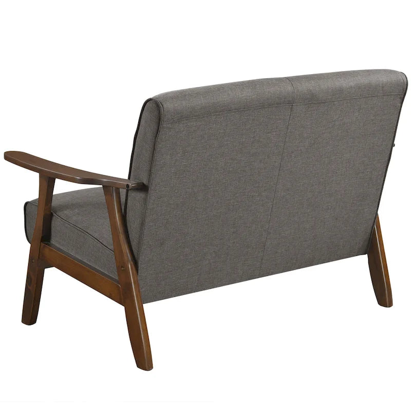 Mid-Century Modern Loveseat 2-Seater Sofa with Wooden Arms - Light Gray Linen Upholstery 46.69" W x 32.31" H