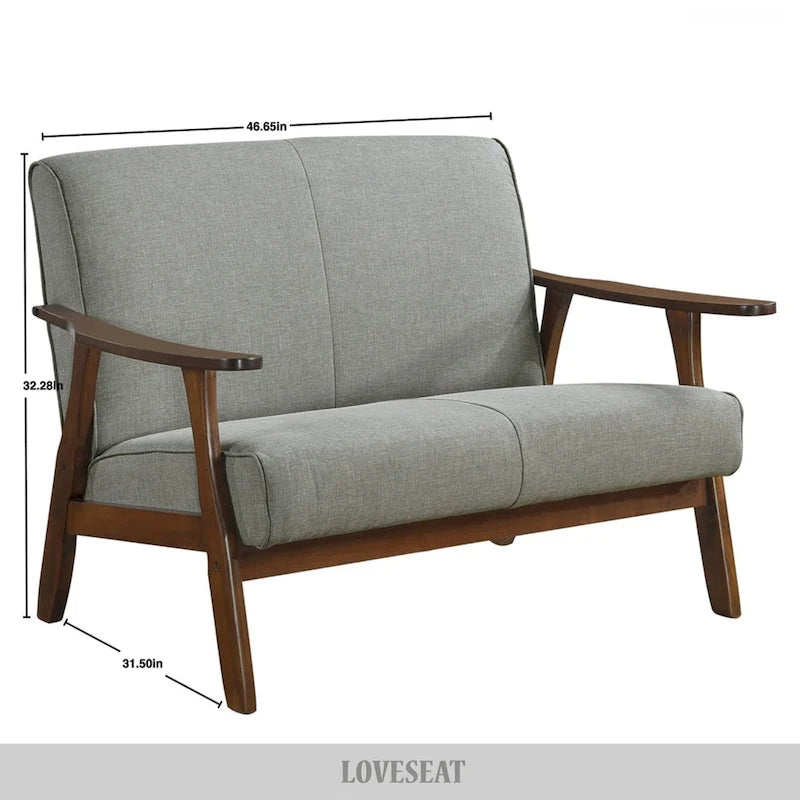 Mid-Century Modern Loveseat 2-Seater Sofa with Wooden Arms - Light Gray Linen Upholstery 46.69" W x 32.31" H