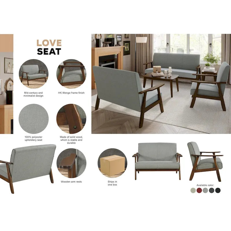 Mid-Century Modern Loveseat 2-Seater Sofa with Wooden Arms - Light Gray Linen Upholstery 46.69" W x 32.31" H