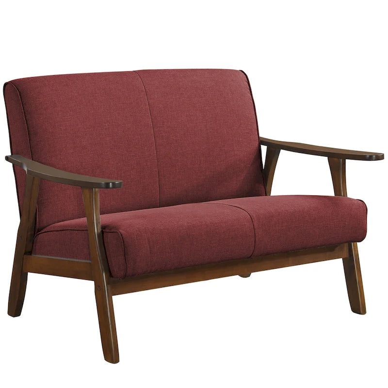 Mid-Century Modern Loveseat 2-Seater Sofa with Wooden Arms - Light Gray Linen Upholstery 46.69" W x 32.31" H