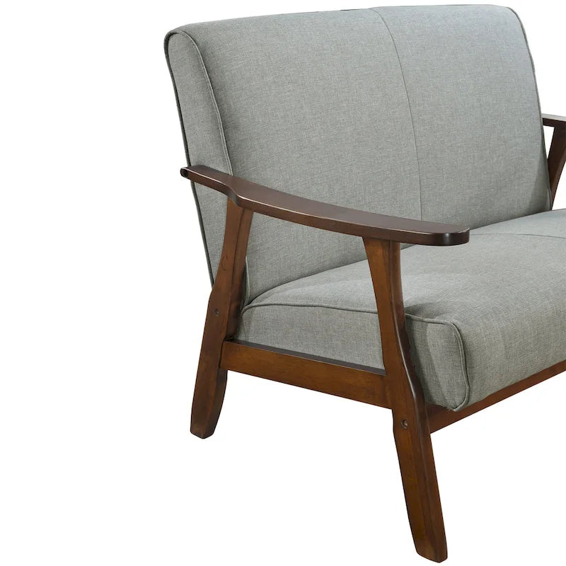 Mid-Century Modern Loveseat 2-Seater Sofa with Wooden Arms - Light Gray Linen Upholstery 46.69" W x 32.31" H
