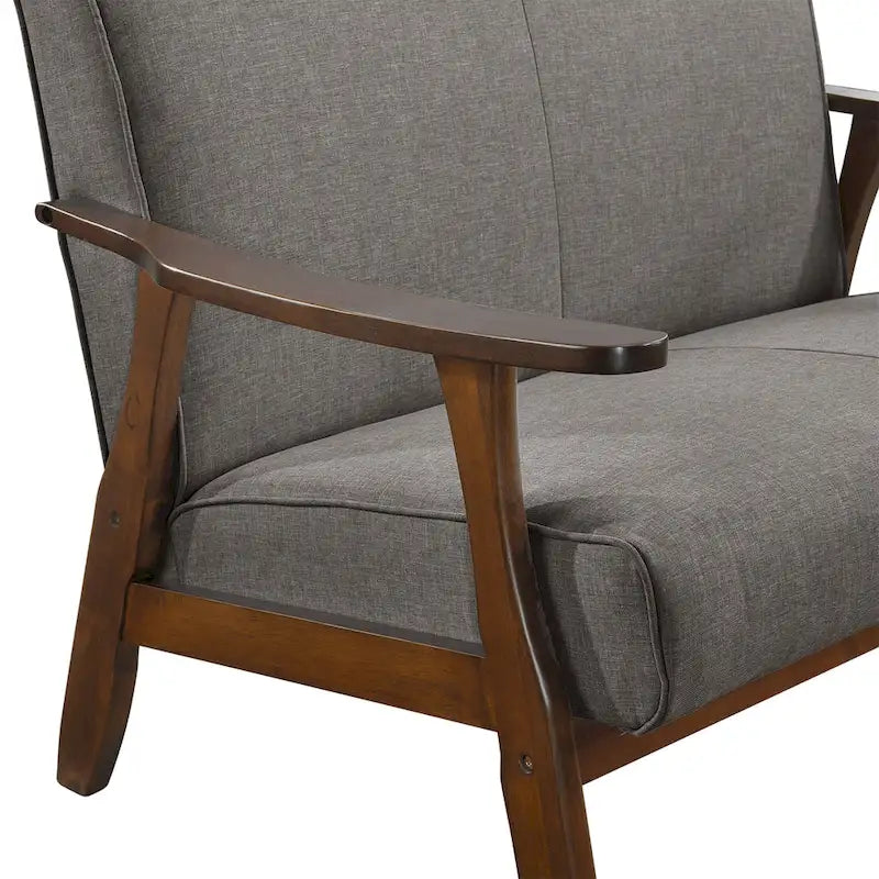 Mid-Century Modern Loveseat 2-Seater Sofa with Wooden Arms - Light Gray Linen Upholstery 46.69" W x 32.31" H