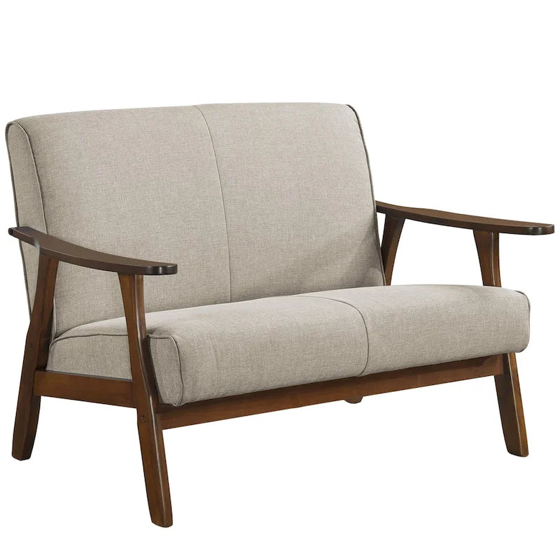 Mid-Century Modern Loveseat 2-Seater Sofa with Wooden Arms - Light Gray Linen Upholstery 46.69" W x 32.31" H