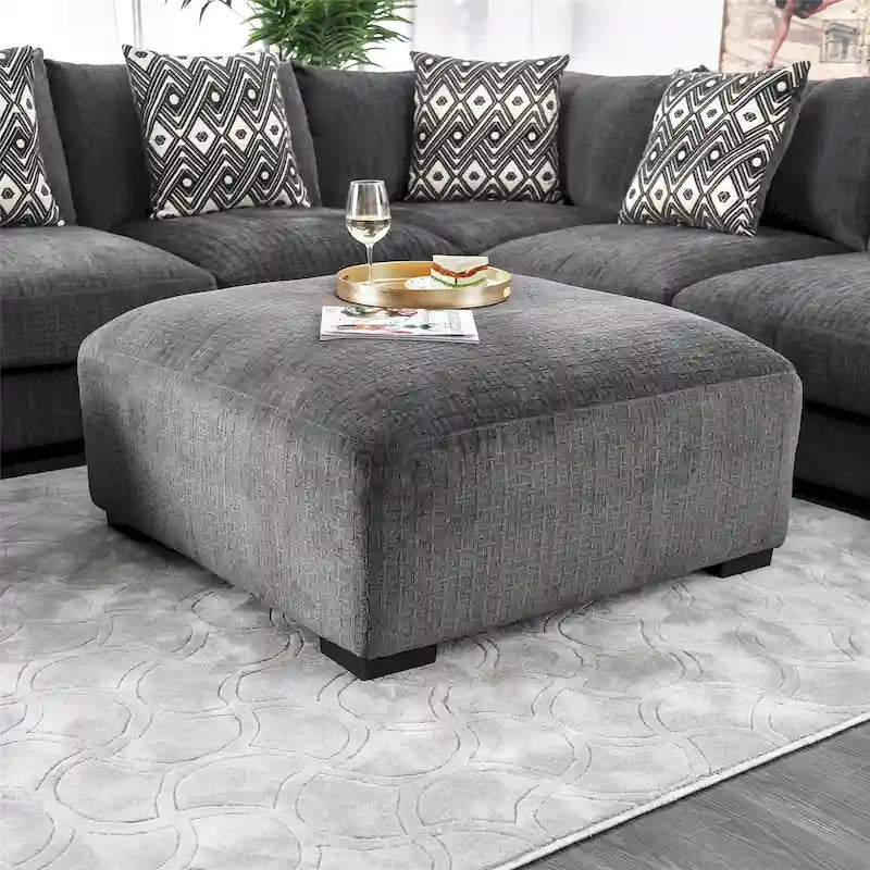 43"x43" Square Chenille Padded Cocktail Ottoman - Contemporary Grey Upholstered Footstool with Solid Wood Legs, 150 lbs Capacity