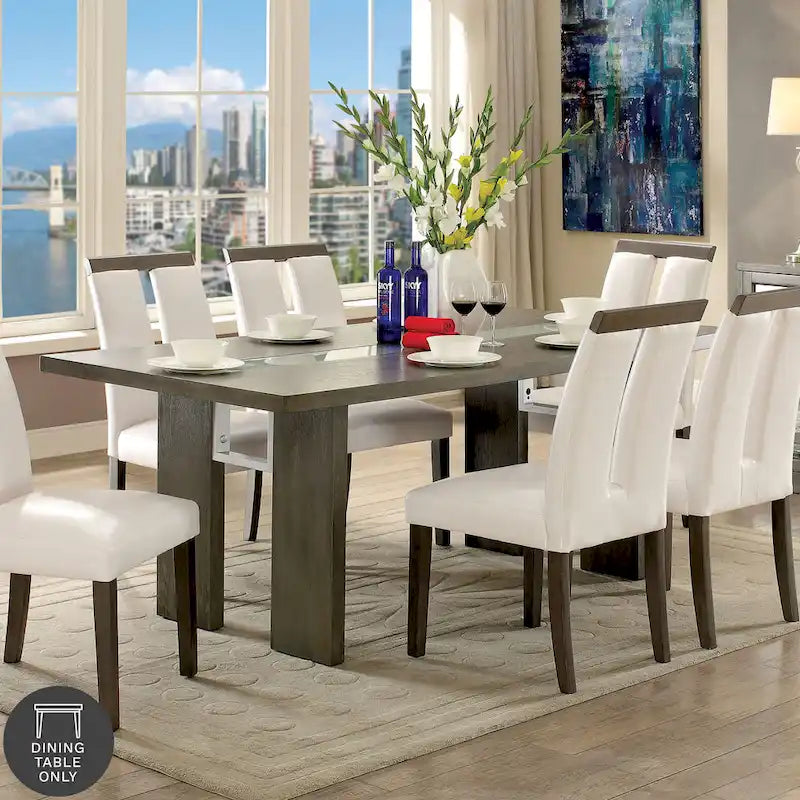 Contemporary 76-inch Glass Dining Table with LED - Seats 6-8 People - Grey/Black - Tempered Glass Inlay