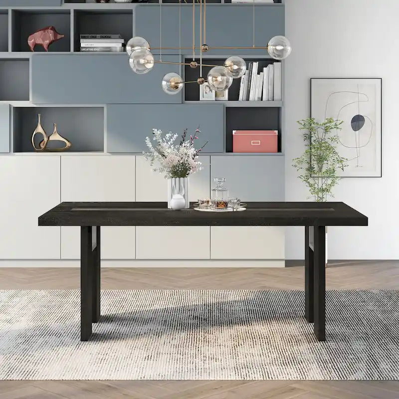 Contemporary 76-inch Glass Dining Table with LED - Seats 6-8 People - Grey/Black - Tempered Glass Inlay
