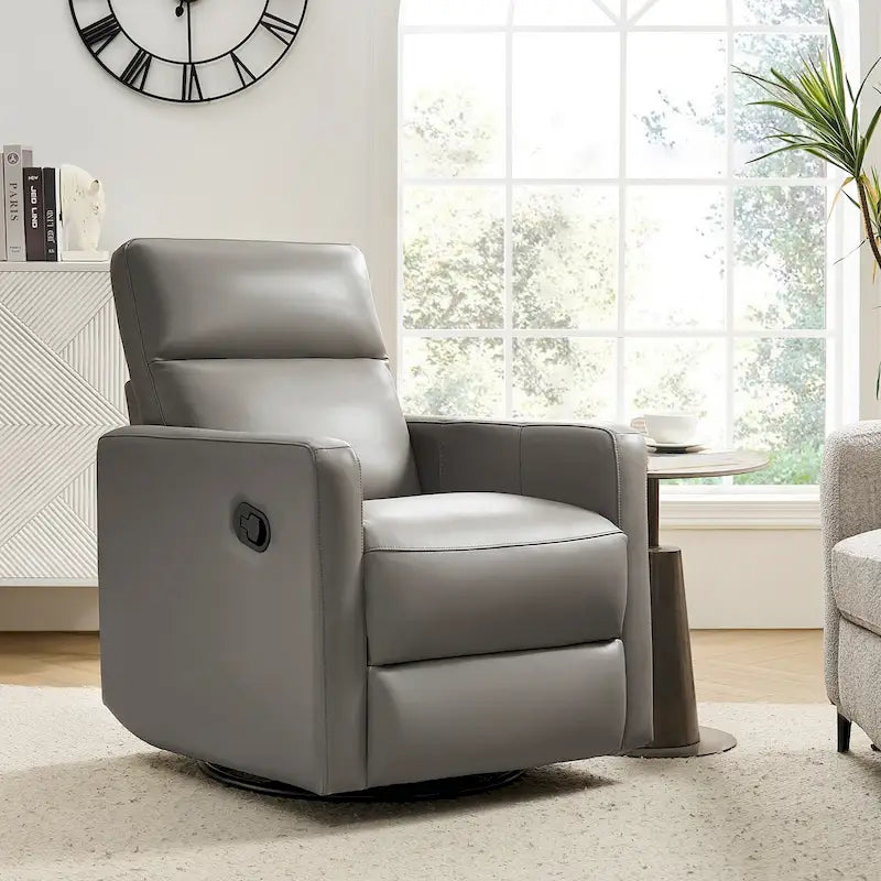 Genuine Leather Swivel Rocker Recliner with Adjustable Headrest - Modern Manual Reclining Chair 360° Rotation