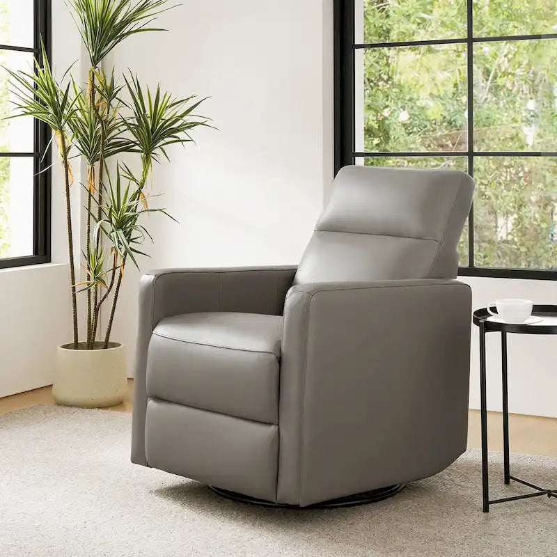 Genuine Leather Swivel Rocker Recliner with Adjustable Headrest - Modern Manual Reclining Chair 360° Rotation