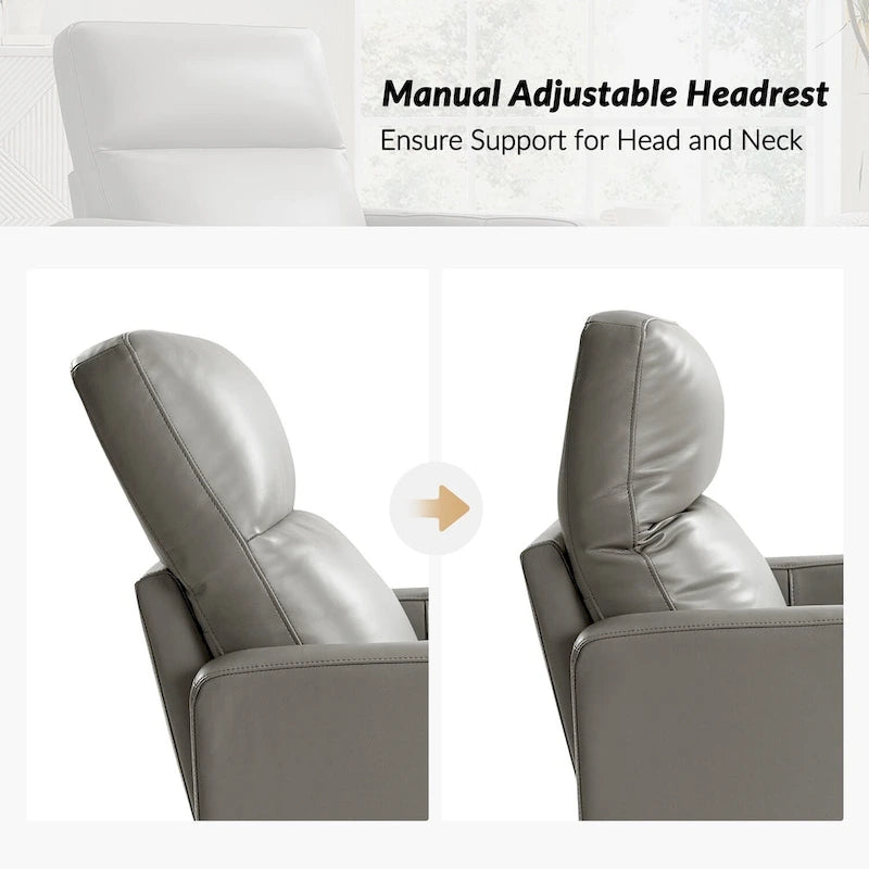 Genuine Leather Swivel Rocker Recliner with Adjustable Headrest - Modern Manual Reclining Chair 360° Rotation