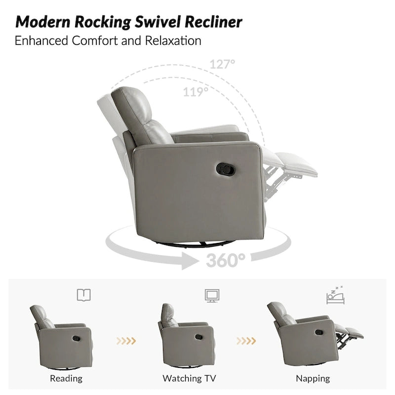 Genuine Leather Swivel Rocker Recliner with Adjustable Headrest - Modern Manual Reclining Chair 360° Rotation