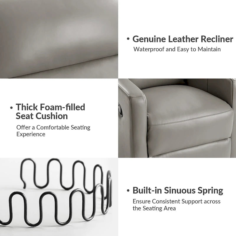 Genuine Leather Swivel Rocker Recliner with Adjustable Headrest - Modern Manual Reclining Chair 360° Rotation