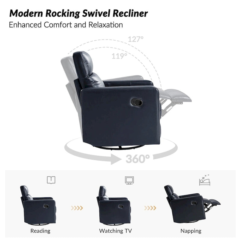 Genuine Leather Swivel Rocker Recliner with Adjustable Headrest - Modern Manual Reclining Chair 360° Rotation