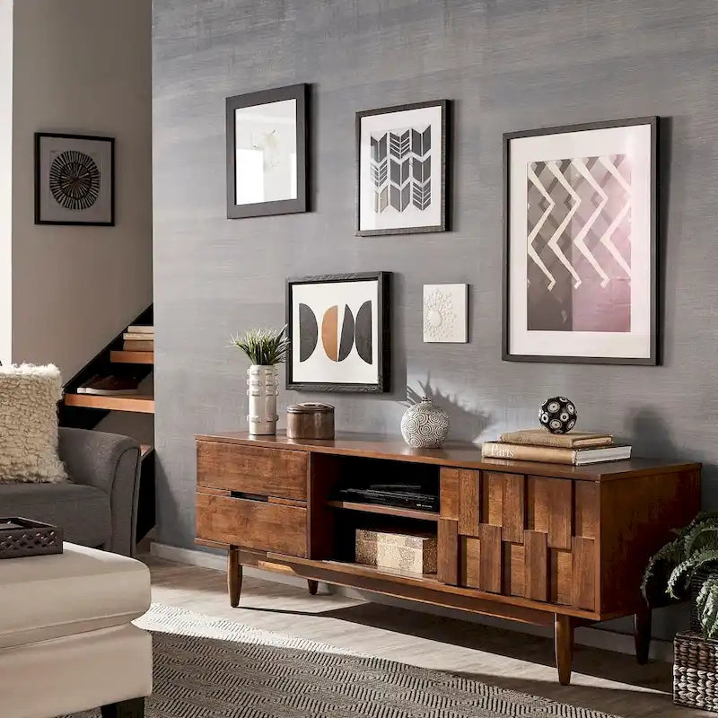 70-Inch Mid-Century TV Stand with 2 Drawers, Sliding Door, Adjustable Shelves - Tobacco Rubberwood Entertainment Center