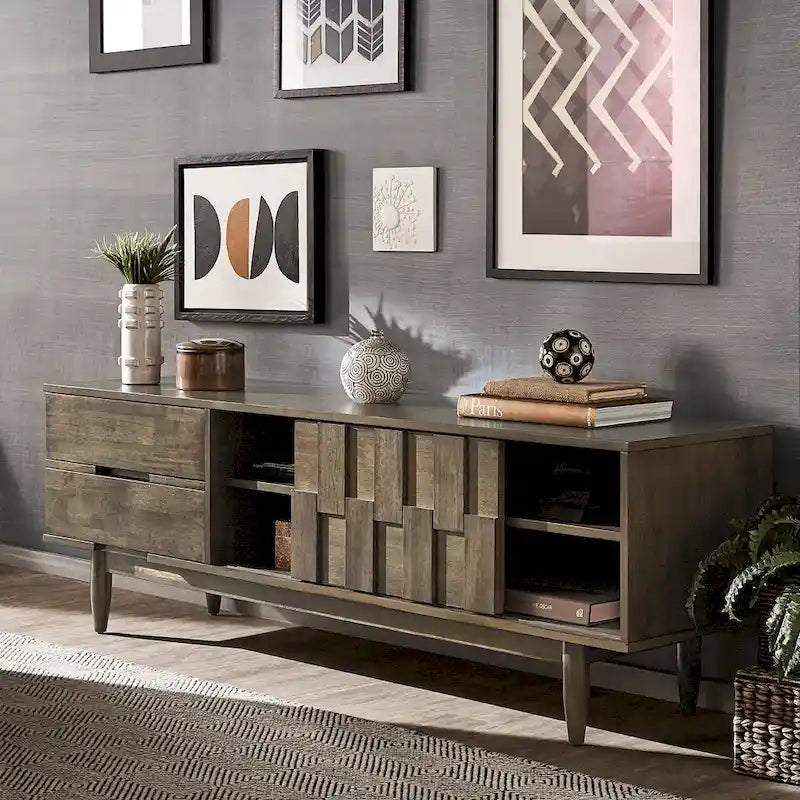 70-Inch Mid-Century TV Stand with 2 Drawers, Sliding Door, Adjustable Shelves - Tobacco Rubberwood Entertainment Center