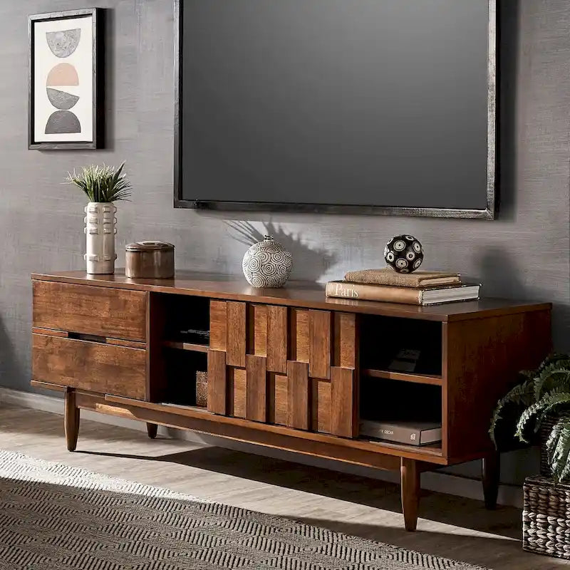 70-Inch Mid-Century TV Stand with 2 Drawers, Sliding Door, Adjustable Shelves - Tobacco Rubberwood Entertainment Center