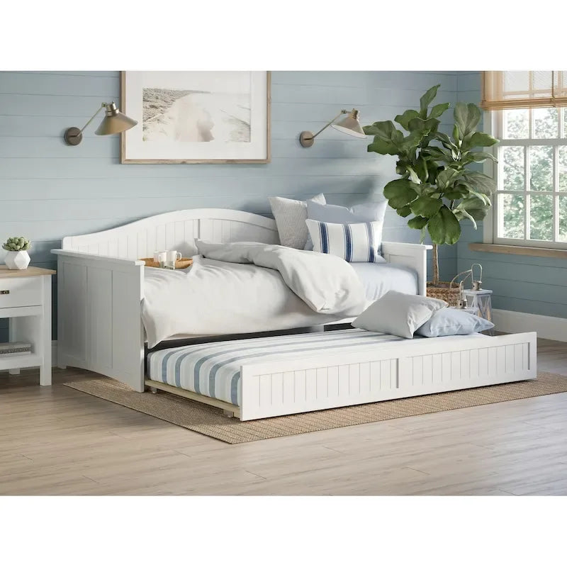 Twin Wood Daybed with Trundle - Beadboard Design, 600lbs Capacity, White/Walnut/Grey/Toffee, No Box Spring Needed