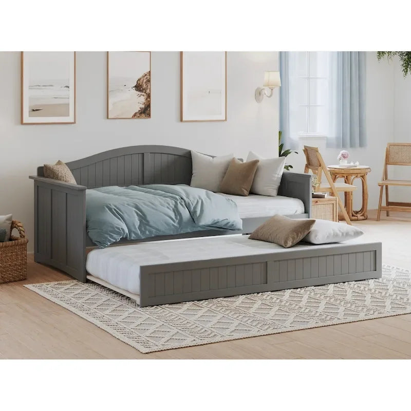Twin Wood Daybed with Trundle - Beadboard Design, 600lbs Capacity, White/Walnut/Grey/Toffee, No Box Spring Needed