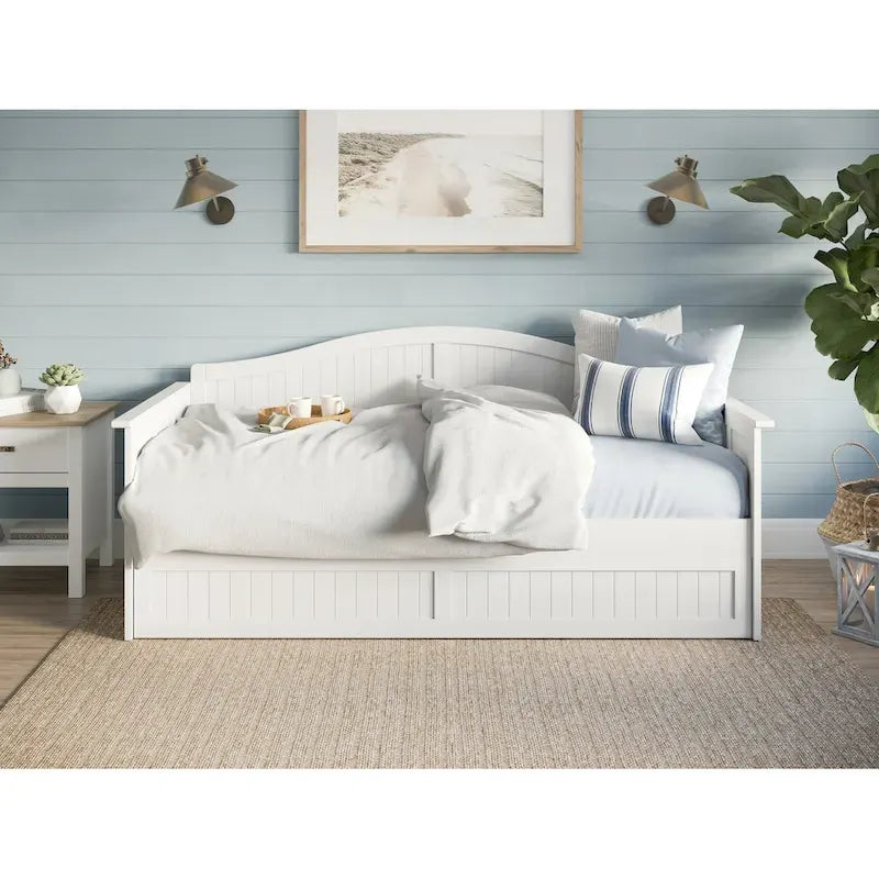 Twin Wood Daybed with Trundle - Beadboard Design, 600lbs Capacity, White/Walnut/Grey/Toffee, No Box Spring Needed