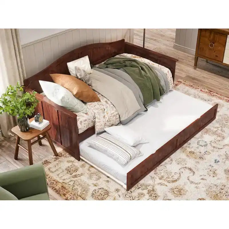 Twin Wood Daybed with Trundle - Beadboard Design, 600lbs Capacity, White/Walnut/Grey/Toffee, No Box Spring Needed