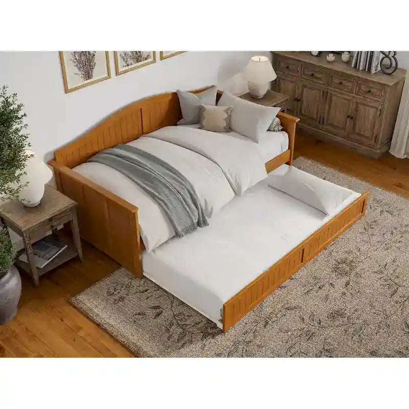 Twin Wood Daybed with Trundle - Beadboard Design, 600lbs Capacity, White/Walnut/Grey/Toffee, No Box Spring Needed