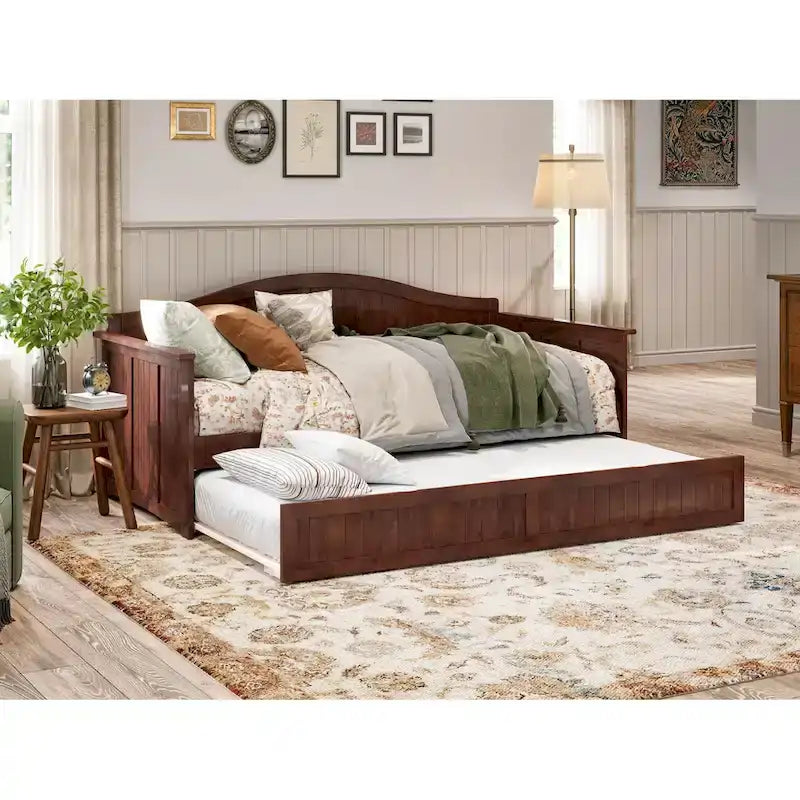 Twin Wood Daybed with Trundle - Beadboard Design, 600lbs Capacity, White/Walnut/Grey/Toffee, No Box Spring Needed