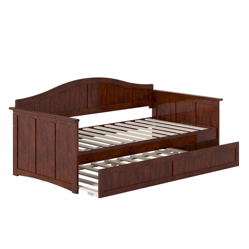 Twin Wood Daybed with Trundle - Beadboard Design, 600lbs Capacity, White/Walnut/Grey/Toffee, No Box Spring Needed