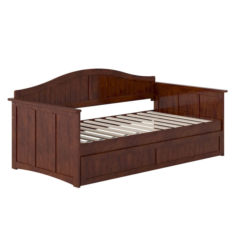 Twin Wood Daybed with Trundle - Beadboard Design, 600lbs Capacity, White/Walnut/Grey/Toffee, No Box Spring Needed
